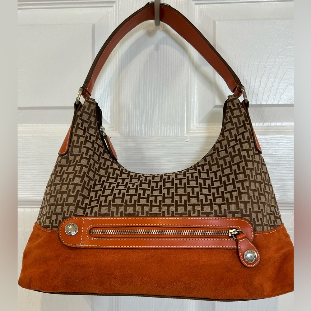 Tommy Hilfiger logo woven brown canvas orange suede and leather handbag.